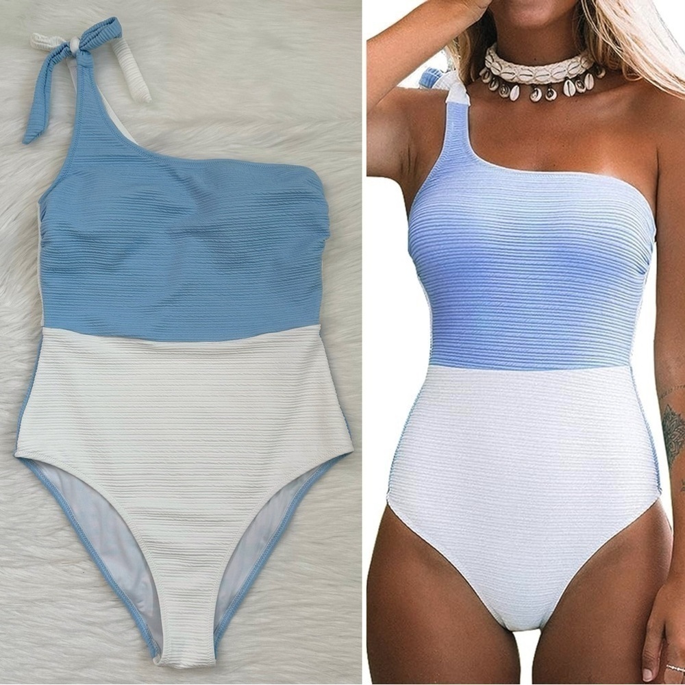Cupshe Blue White One Shoulder One-Piece Swimsuit, Sz Large